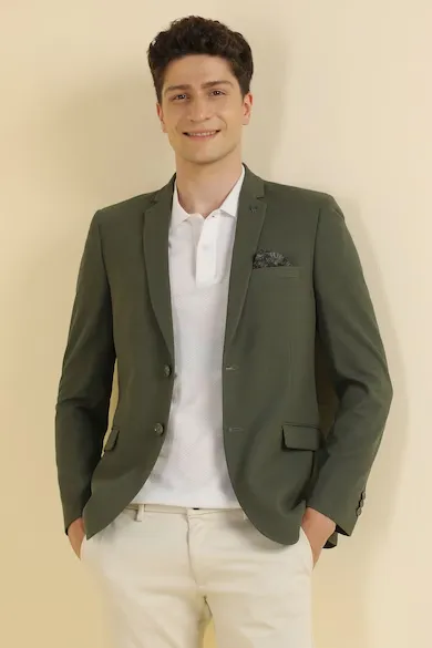 Men Olive Slim Fit Textured Casual Blazer